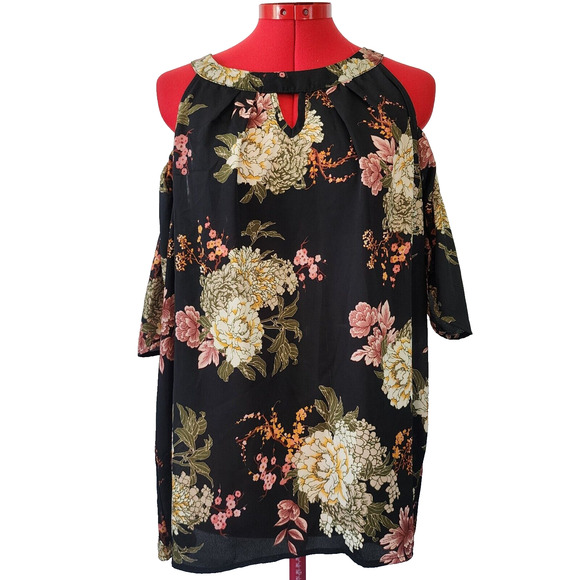 AUW Black Floral Shoulder Out Lightweight Blouse Size XL - Picture 1 of 8